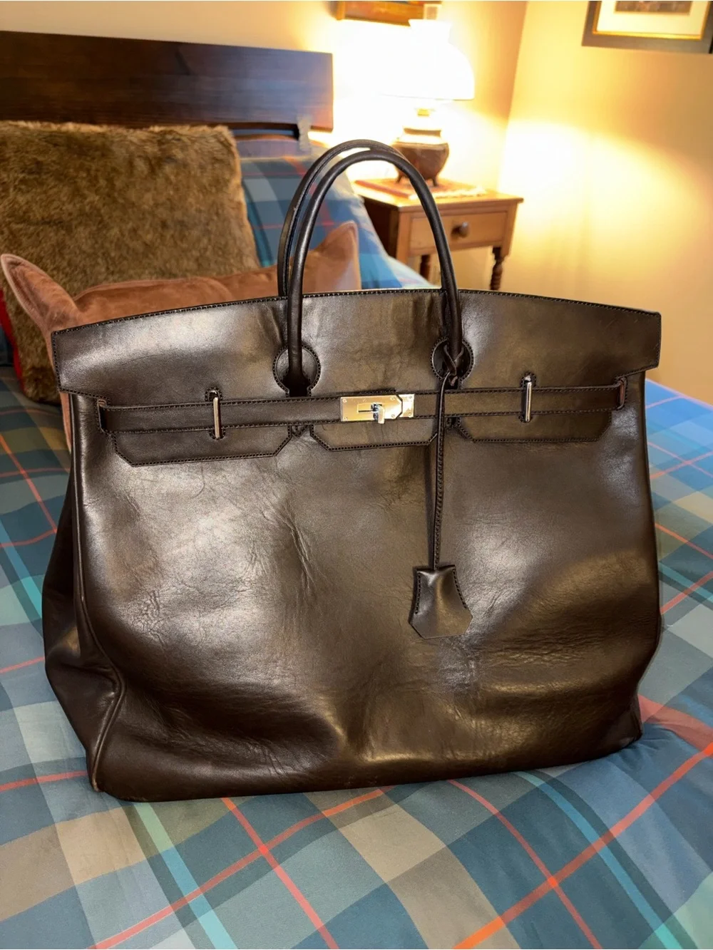 Brown Leather Tote Bag with Silver Hardware